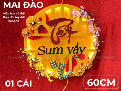 [Order 3 - 5 ngày] Vòng treo cửa Tết Sum Vầy đèn Led [Bằng gỗ - Cắm điện] ĐK 60cm BANGTREO-TET-01